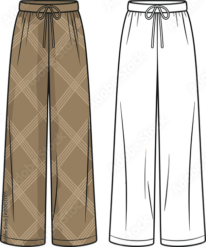 Wide leg pants fashion sketch with plaid pattern and drawstring waist, apparel design, cad drawing flat vector illustration