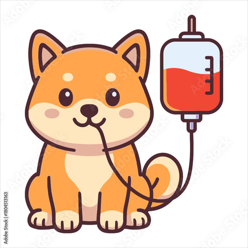 Dog blood transfusion flat vector logo illustration with IV drip