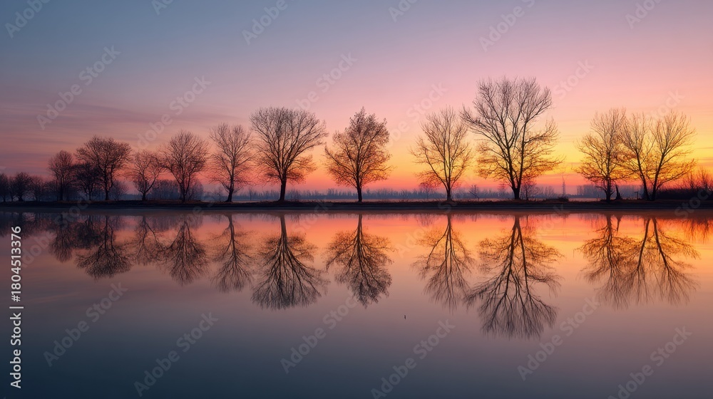 Fototapeta premium Bare trees reflecting in still water at sunrise. Peaceful morning landscape with vibrant colorful sky. Natural beauty for tranquil concept.