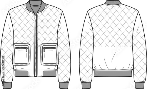 Quilted bomber jacket technical flat sketch, front and back view, fashion CAD drawing vector illustration