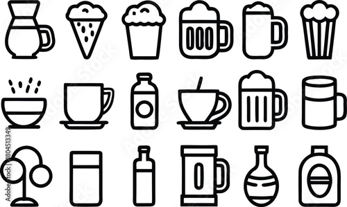 Outline icons of various drinks and desserts, cups and bottles.