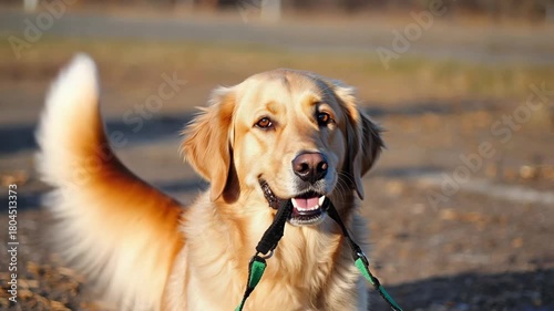 Happy golden retriever enjoys walk with leash in sunny park