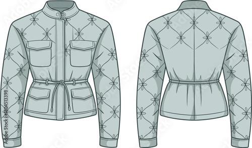 Quilted jacket technical fashion flat sketch, cad drawing vector illustration, apparel design template front back view