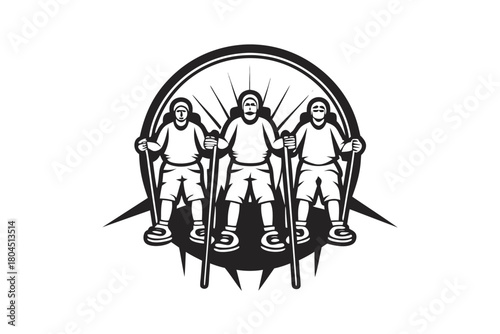 Three hikers with walking sticks stand together within a stylized mountain range emblem