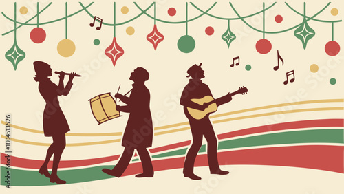 Festive holiday band illustration featuring musicians playing instruments perfect for Christmas and New Years celebrations