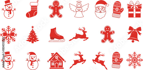 Mega Set of Minimal Red Silhouette Christmas Holiday Icons Vector Illustration