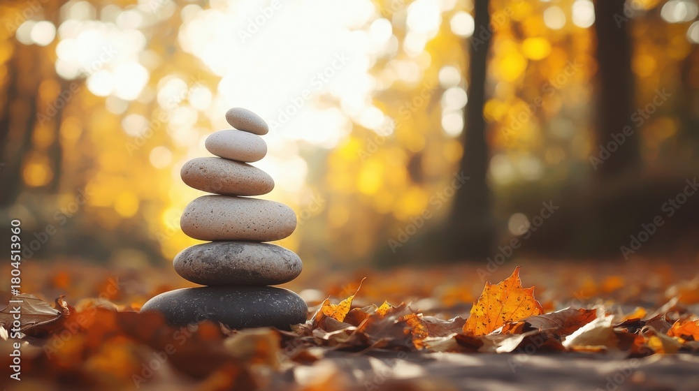 Obraz premium Stacked stones balanced on ground among autumn leaves. Zen balance and harmony in nature. Perfect for concepts of mindfulness, stability or meditation.