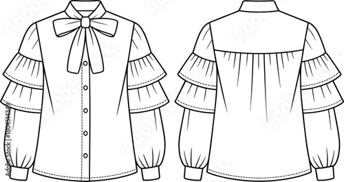 Women blouse fashion design, bow tie neckline, ruffled tier sleeves, button front, collar detail, cad drawing flat vector illustration