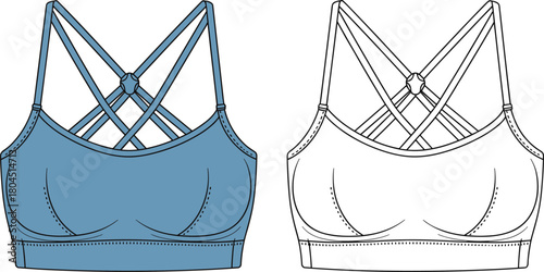Sports bra technical fashion flat sketch, strappy back activewear design, CAD drawing flat vector illustration