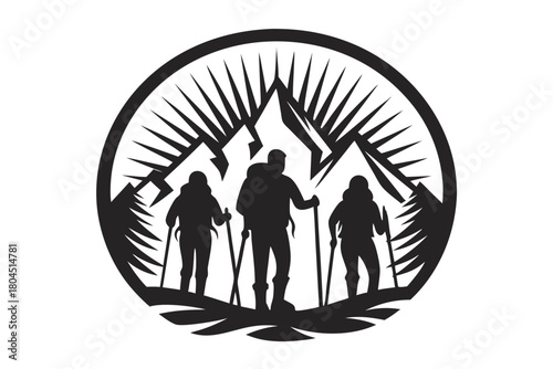 Three people are silhouetted trekking with sticks in a circular mountain landscape