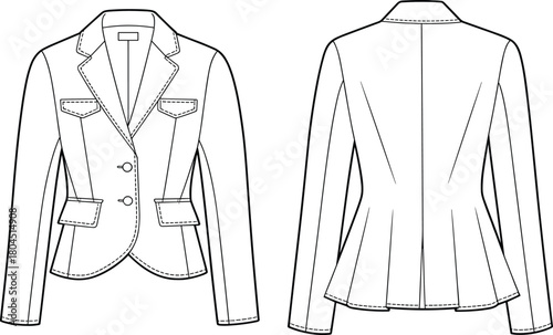 Women’s blazer technical flat sketch, front and back view, tailored jacket fashion CAD drawing vector illustration