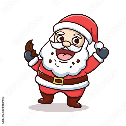 Cute Happy Cartoon Santa Claus Vector Illustration Character Holding and Eating a Chocolate Chip Cookie. Holiday Food Concept, Christmas Snacks, Treats, and Festive Goodies.