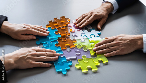 A dedicated team of business professionals working in unison, connecting vibrant jigsaw puzzle pieces on a table, symbolizing collaboration, strategic problem-solving, and unity