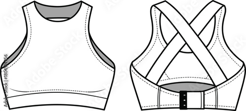 Women’s sports bra flat sketch, crisscross back technical drawing, activewear fashion design, CAD drawing flat vector illustration