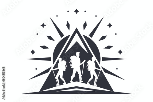 Three silhouetted hikers ascend mountain peaks under a burst of stars and sunrays