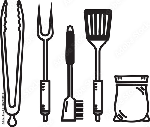 A set of shiny silver metal kitchen utensils, including a fork, knife, and spoon, isolated on a white background