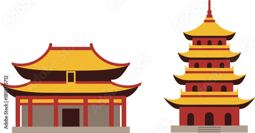 Traditional east asian pagoda and temple architecture with golden roofs