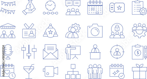 Collection of thin line icons representing business finance and events on a white background