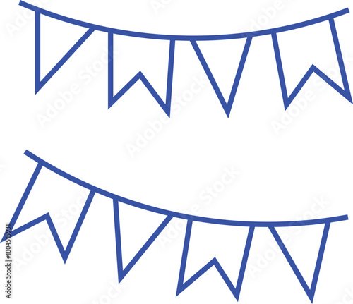 Two rows of simple hand drawn blue pennant banners strung on a string for celebration and decoration
