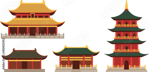 Collection of traditional east asian architectural buildings and pagodas in a flat design style