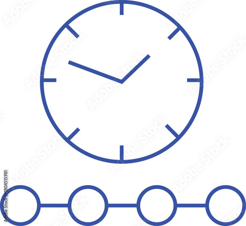 Simple blue line icon of a clock face above a connected series of circles representing a timeline or progress