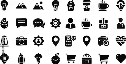 Diverse Vector Icons Essential Pictograms for Web and Print Design Projects Featuring Coffee, Gear and People