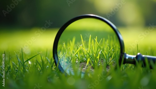 Fototapeta Naklejka Na Ścianę i Meble -  Close view of grass through magnifier tool on green lawn. Glass tool zooms blades. Exploration of agriculture, botanical study, eco inspection and ground analysis in park for education.