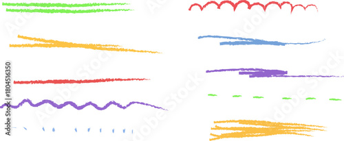 Colorful crayon divider set - dots, strokes, zigzag, lines, waves, dashes with chalk textured effect. Hand drawn underline for borders, highlighting or decoration.