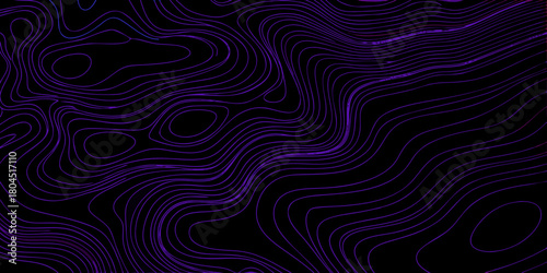 Abstract topographic map lines in vibrant purple on a deep black background