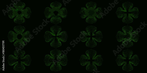Abstract green floral pattern with layered petals on a dark background in a grid layout