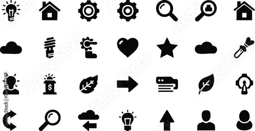 Diverse Icon Set Black and White Vector Graphics for Design and UI Projects