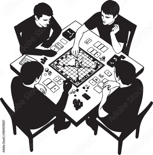 Four people gathered around a table playing a complex board game in a stylized silhouette
