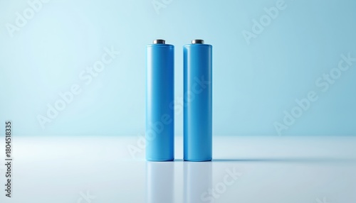 Two blue AA batteries stand side by side in studio. Batteries are clean symbol of energy, power and technology. Metallic tops look modern and sleek. Reflective surface adds to minimalist aesthetic.