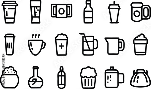Line art icons of various beverages, drinks, and containers