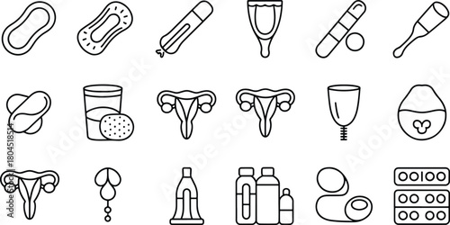 Feminine Hygiene and Period Products Line Art Icons
