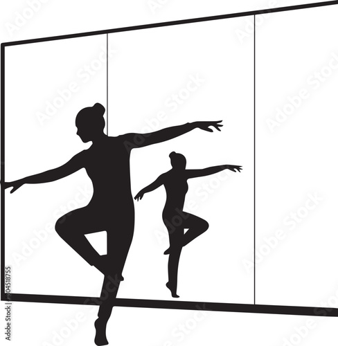 Elegant silhouette of a ballet dancer practicing gracefully in a dance studio mirror