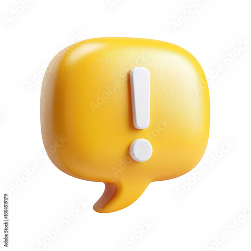 3D Alert Chat Bubble Icon with Exclamation Mark, Warning Message Notification Speech Balloon Cartoon Style Yellow Isolated on Transparent Background