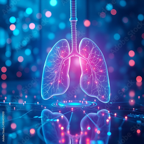 abstract futuristic image of quantum machine learning for lung cancer detection. reflective, glowing blue, copy space