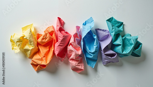 Folded colorful fabric circles on light background, vibrant flower-like textile composition