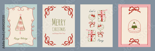 Hand drawn la dolce vita Christmas doodles. Vector illustration cards icon with bows, tree, drink, gift box. Minimalist winter line art for invitations, stationery, printables, social media, wall art.