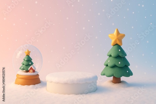 Festive 3D Christmas Podium Scene with Snow Globe and Tree - Winter Holiday Display