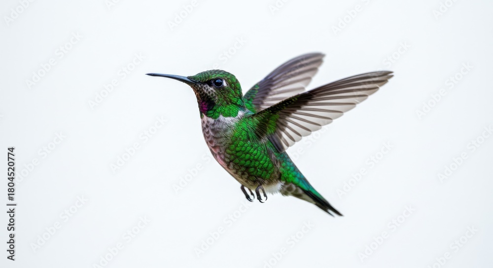 Fototapeta premium A beautiful annas hummingbird is flying isolated on white background in the air
