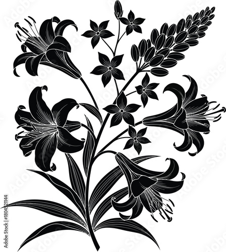 Black and white floral vector design with lilies and other flowers art eps silhouette