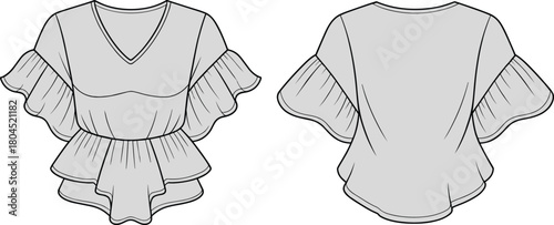 Women’s ruffle sleeve peplum blouse technical flat sketch, CAD drawing flat vector illustration, stylish fashion design template