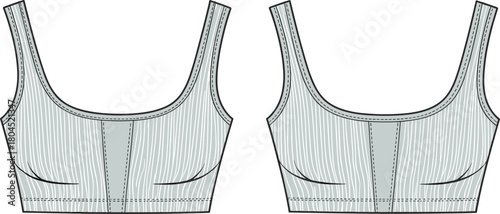 Sports bra crop top technical fashion sketch with pinstripe seam detailing, women apparel design, cad drawing flat vector illustration