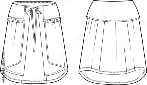 Women’s skirt technical fashion illustration, drawstring waistband pleated hem design, front and back view, CAD drawing flat vector illustration