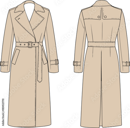 Trench coat technical flat sketch, double breasted belted design, front back view, cad drawing vector illustration