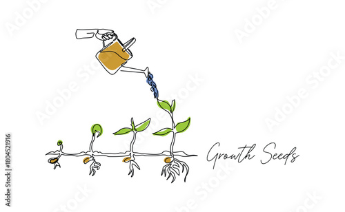 Continuous line sketch drawing of watering can plant tree seedling growth. Single line art of nature agriculture farming economy growing vector illustration editable stroke