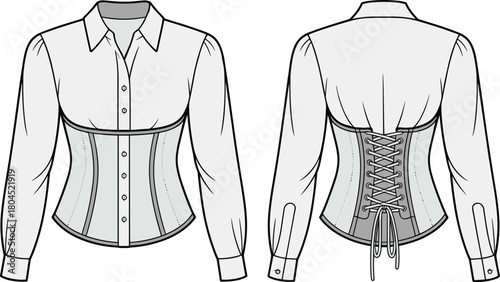 Women’s corset shirt hybrid technical fashion illustration, collared blouse design, lace up back detail, CAD drawing flat vector illustration