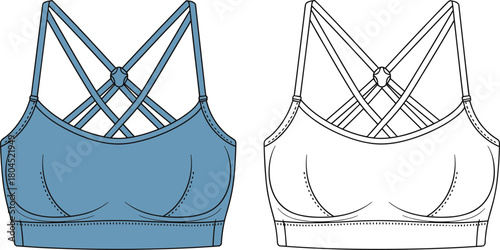 Sports bra technical fashion flat sketch, strappy back activewear design, CAD drawing flat vector illustration